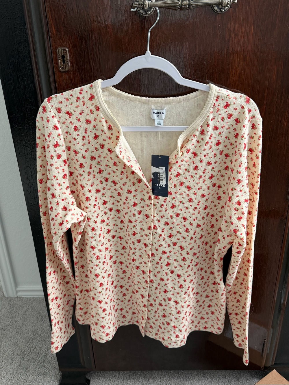 Parke Cream Long-Sleeve Floral Henley Tee with Red Floral Print